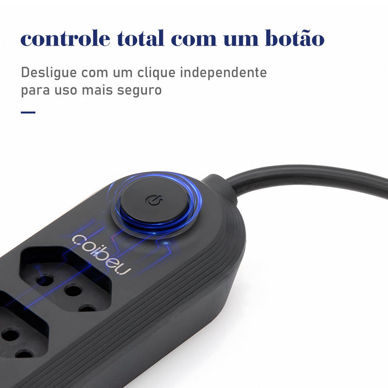 Extensão Filtro de Linha com 4 Tomadas Bivolt e 3 Entradas USB com Botão Liga Desliga 2 Metros