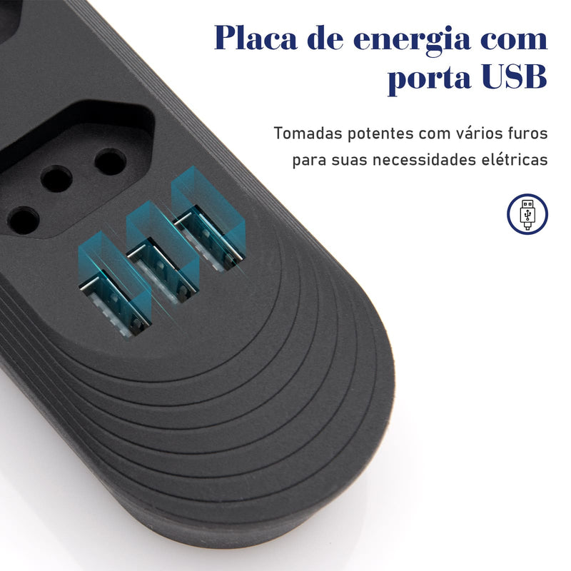 Extensão Filtro de Linha com 4 Tomadas Bivolt e 3 Entradas USB com Botão Liga Desliga 2 Metros