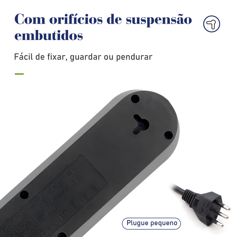 Extensão Filtro de Linha com 4 Tomadas Bivolt e 3 Entradas USB com Botão Liga Desliga 2 Metros