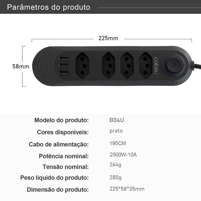 Extensão Filtro de Linha com 4 Tomadas Bivolt e 3 Entradas USB com Botão Liga Desliga 2 Metros