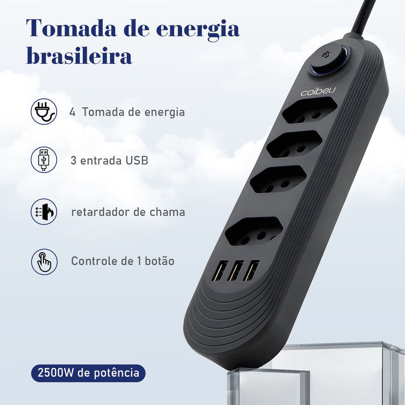 Extensão Filtro de Linha com 4 Tomadas Bivolt e 3 Entradas USB com Botão Liga Desliga 2 Metros