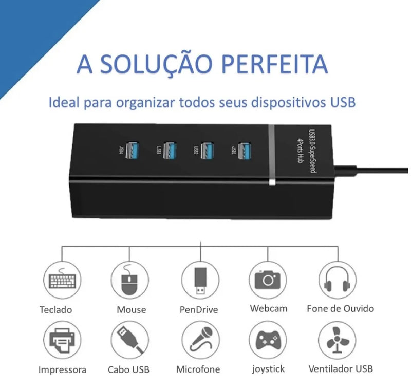 Hub USB 3.0 4 portas Expansor Rápido 5 Gbps Alta Velocidade Alta Resistência - F7X Shop