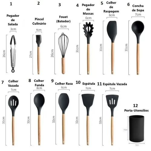 Kit Completo Utensílios de Cozinha em Silicone 12 Peças Antirriscos e Resistentes ao Calor