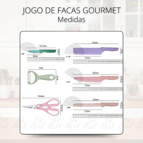 Kit de Facas Coloridas em Aço Inoxidável 6 Peças Profissionais para Cozinha e Churrasco