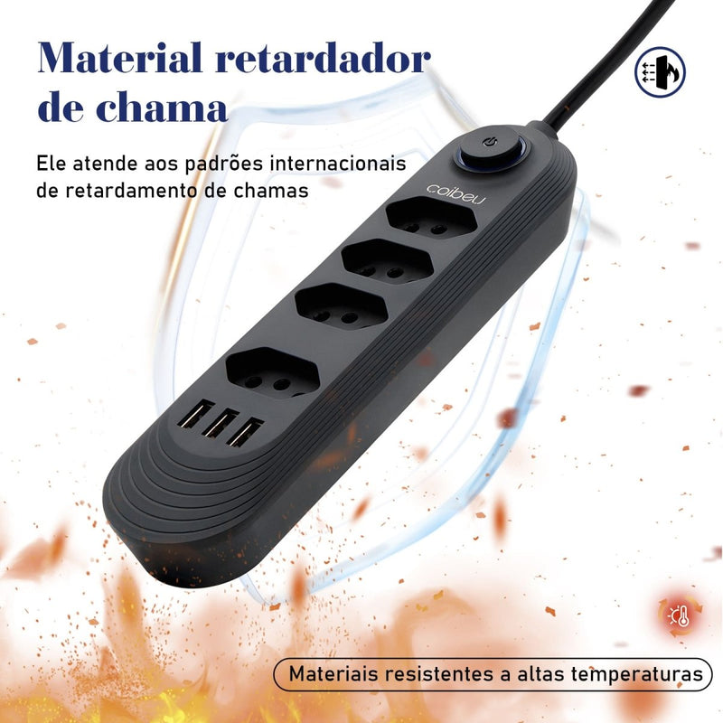 Extensão Filtro de Linha com 4 Tomadas Bivolt e 3 Entradas USB com Botão Liga Desliga 2 Metros - F7X Shop