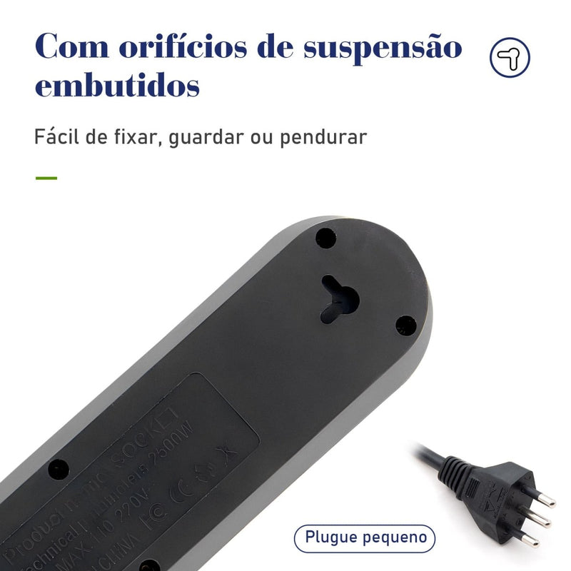 Extensão Filtro de Linha com 4 Tomadas Bivolt e 3 Entradas USB com Botão Liga Desliga 2 Metros - F7X Shop