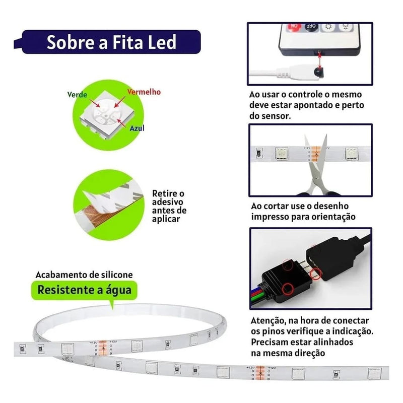 Fita Led RGB com 5 Metros + Controladora e Fonte - F7X Shop