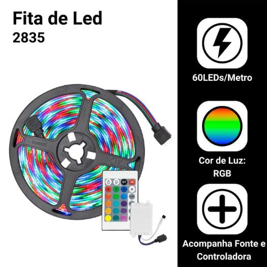 Fita Led RGB com 5 Metros + Controladora e Fonte - F7X Shop