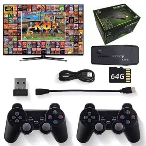 Videogame Nostálgico com 10.000 Jogos Clássicos Game Stick 64GB com 2 Controles