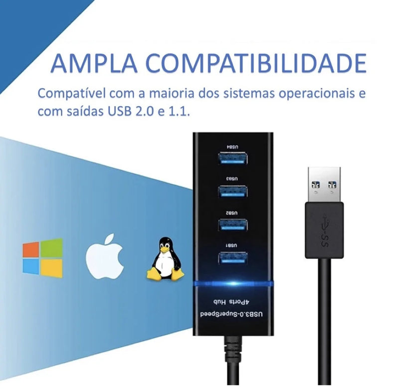 Hub USB 3.0 4 portas Expansor Rápido 5 Gbps Alta Velocidade Alta Resistência - F7X Shop