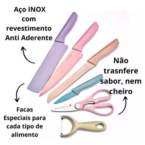 Kit de Facas Coloridas em Aço Inoxidável 6 Peças Profissionais para Cozinha e Churrasco