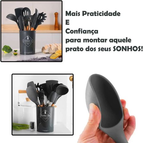 Kit Completo Utensílios de Cozinha em Silicone 12 Peças Antirriscos e Resistentes ao Calor