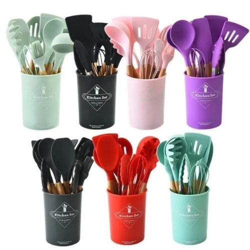 Kit Completo Utensílios de Cozinha em Silicone 12 Peças Antirriscos e Resistentes ao Calor