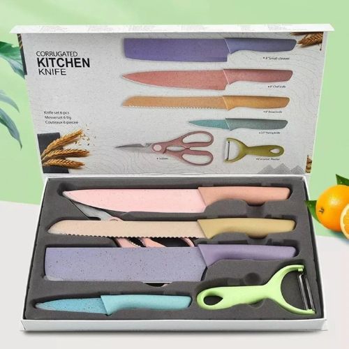 Kit de Facas Coloridas em Aço Inoxidável 6 Peças Profissionais para Cozinha e Churrasco