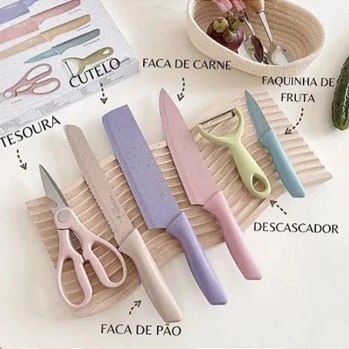 Kit de Facas Coloridas em Aço Inoxidável 6 Peças Profissionais para Cozinha e Churrasco