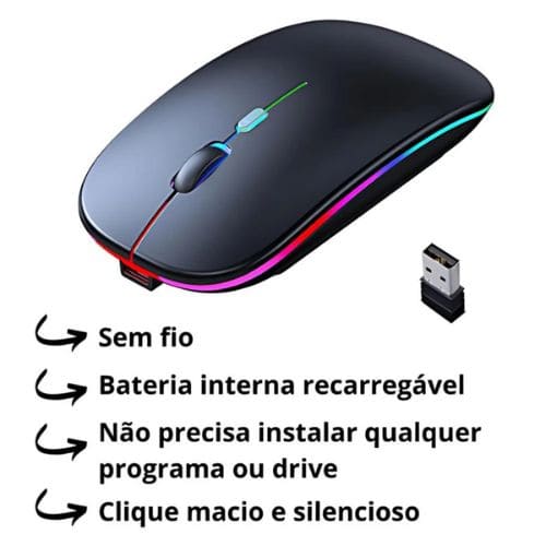 Mouse Bluetooth RGB Bateria Interna Recarregável Longa Duração