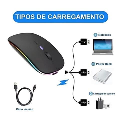 Mouse Bluetooth RGB Bateria Interna Recarregável Longa Duração