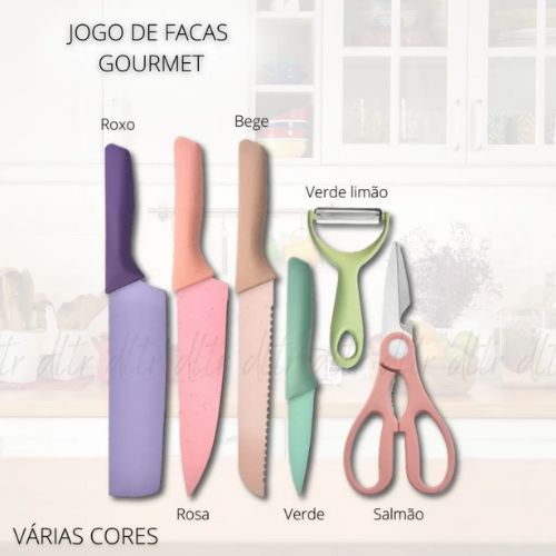 Kit de Facas Coloridas em Aço Inoxidável 6 Peças Profissionais para Cozinha e Churrasco