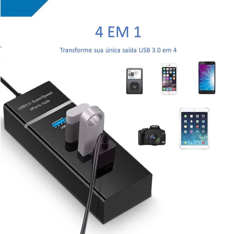 Hub USB 3.0 4 portas Expansor Rápido 5 Gbps Alta Velocidade Alta Resistência - F7X Shop